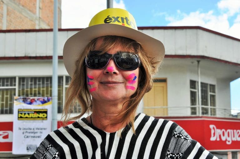 Sue with carnival face paint at Pasto, Colombia